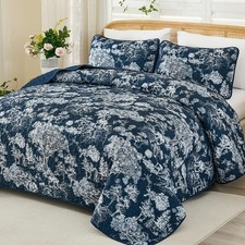 Quilt Set King Size, 3 Pieces Navy Blue Botanical Floral Printed Bedspread Co...