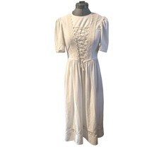 Vintage Women's Hungarian Cream Lace Crochet Linen Prairie Corset Dress Natural