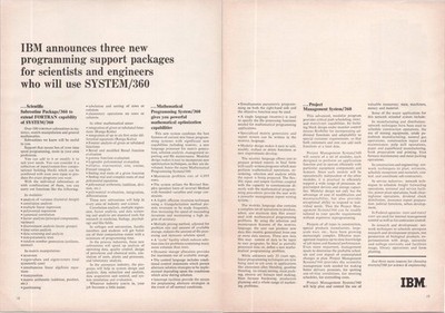 IBM 1965 SYSTEM/360 2pg Print Ad Programming Support Packages Science