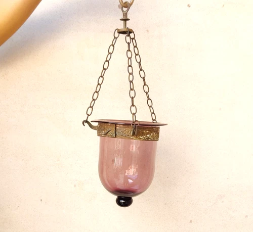 Antique Hundi Belgian Light Wine Amethyst Glass Bell Jar Hanging Lantern Small