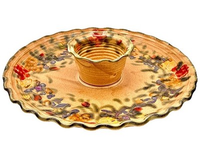 Clouds Folsom Pottery Ruffled Floral Chip & Dip Tray Signed Signed