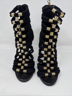 Balmain H&M Black Gladiator Rope High Heel Women Shoes with zipper Size 38 