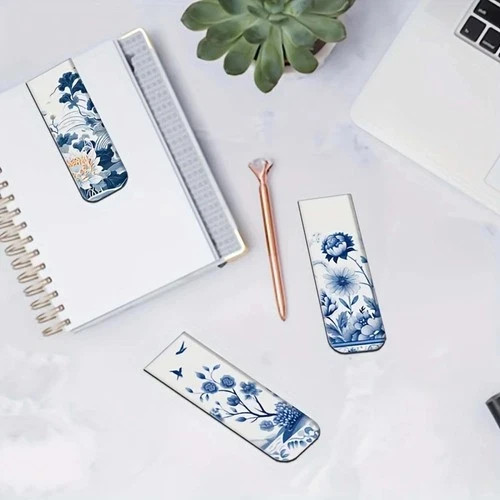 12Pcs Blue White Porcelain Magnetic Bookmarks Set Page Clip Reading Marker Gift