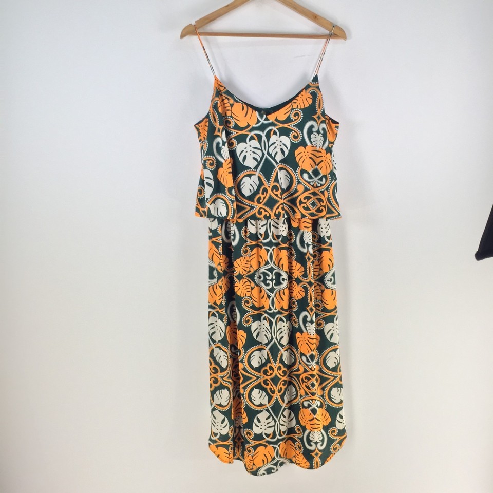 H&M slip dress womens 14 midi green floral sleeveless Vneck 118830