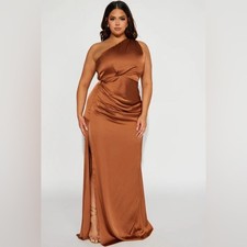 Fashion Nova Samantha Maxi Gown - Brown Satin One Shoulder Dress - Size XL