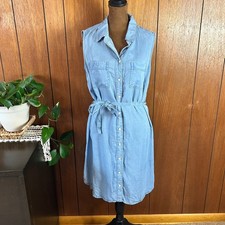 Vintage Intro Lyocell Sleeveless Shirt Dress Blue Chambray Belted Summer Utility