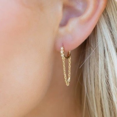 Gold Pave Huggie Ohrringe Quaste Kette Tropfen 18K Gold Sterling Silber CZ Chic