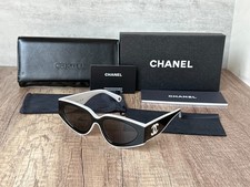 CHANEL SUNGLASSES BLACK WHITE FRAME 100 AUTHENTIC CLASSIC 6056 CAT EYE SHIELD