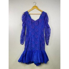 Royal Blue Lace Puff Sleeve Cocktail Dress Ruffle Hem Party VIntage