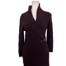 Ellen Tracy Purple Cable Knit Sweater Dress SZ PM Shawl Collar Buckle Detail
