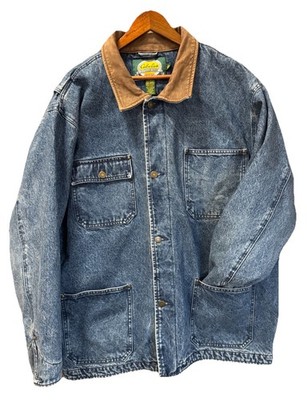 Vintage Cabelas Denim Chore Coat XL Flannel Lined Leather Collar Acid Wash 80s