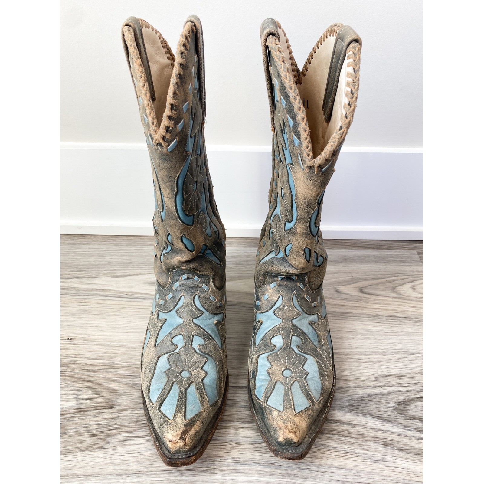 Lane Jolene Tooled Inlay Floral Snip Toe Tall Cowboy Boots 7 Blue Grey Western image 2