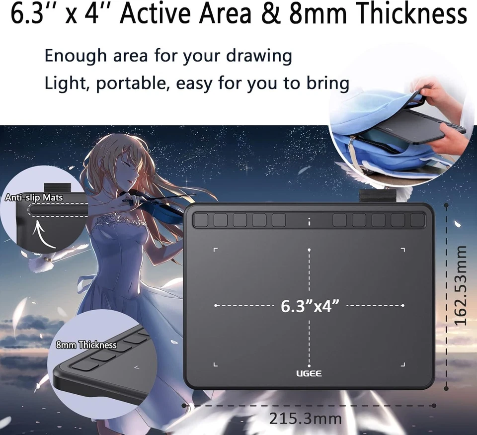 UGEE S640W Zeichentablett, kabellos, 15,2 x 10,2 cm, mit 10 Tasten und 8192 Stif - Bild 3 von 4