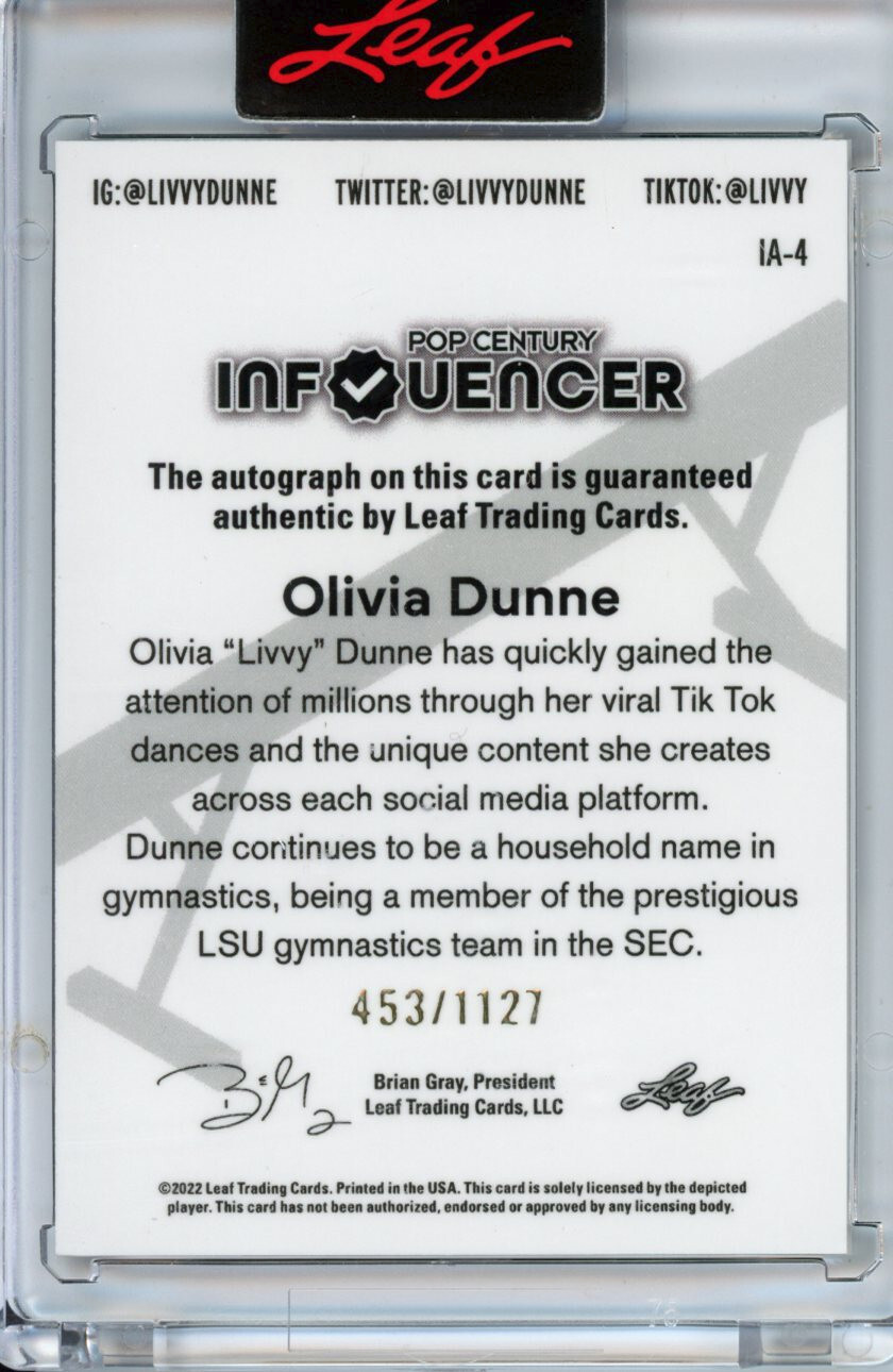 2022 LEAF POP CENTURY AUTOGRAPH OLIVIA LIVVY DUNNE ROOKIE CARD IN 