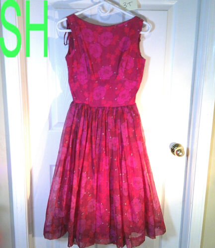 Vtg 50s Jonathan Logan Chiffon Dark Pink Fuchsia Floral Party Dress Sleeveless