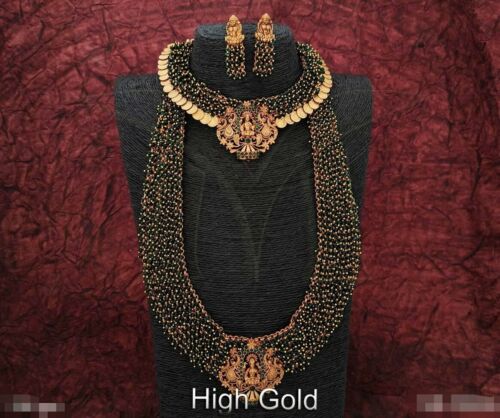 22k Vergoldet Real Look Halskette Combo Set Indisch Ethnisch Lakshmi Kasu Matt Set - Bild 2 von 6