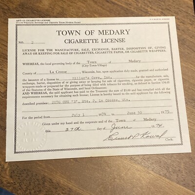 Vintage Cigarette Sellers License MILLERS CAVE La Crosse WI 1974 Tobacco Store