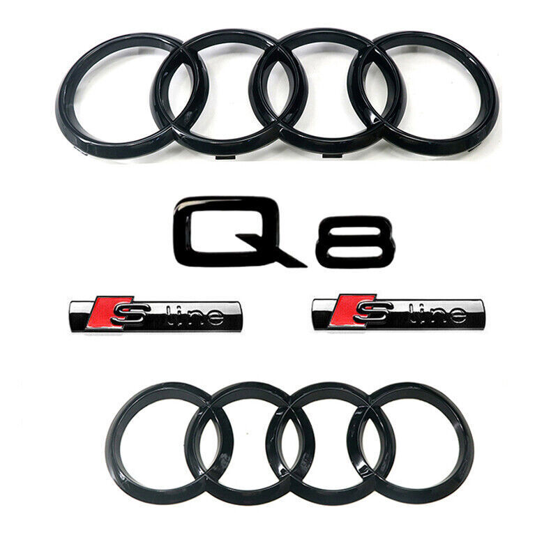 Audi Q8 Emblem full Gloss Black Rings Front Rear Quattro Set OE 5pcs 2019-2023