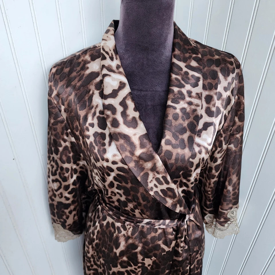 Jones New York Satinado Marrón Negro Guepardo Leopardo Bata Kinomo Manga de Encaje S/M Foto 3 de 4