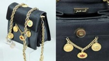 Vtg JUDITH LEIBER Couture Black Satin Clutch Purse w/ Chain Strap Gem Medallions