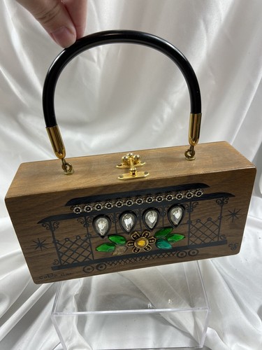 Enid Collins Cable Car Wood Box Hand Bag 60's Purse With Mirror
