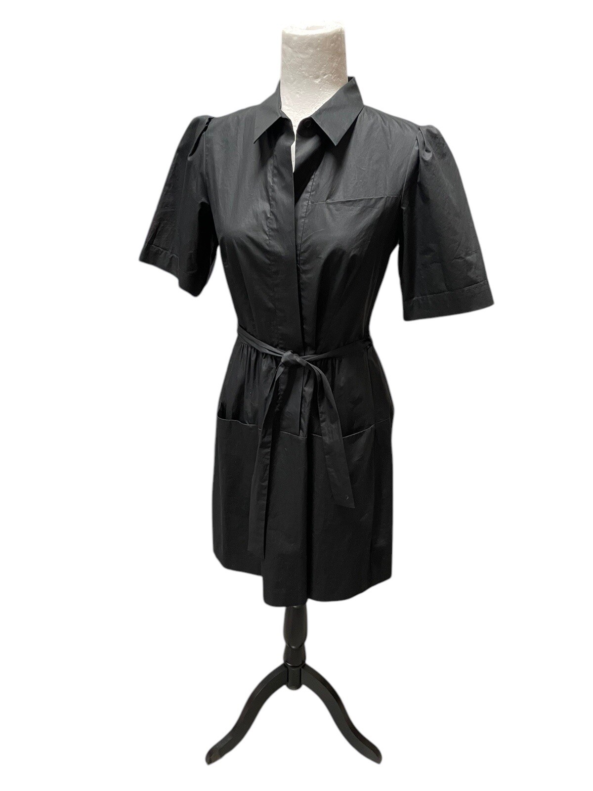 Theory Black Cotton Shirt Dress Belted Short Sleeve Button Up Knee Length Sz 8
