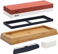 Knife Sharpening Whetstone Set 3000/8000 Grit W/ Flattening Stone, Angle Guide