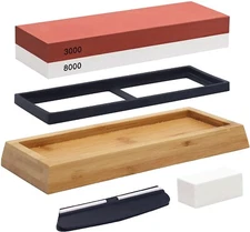 Knife Sharpening Whetstone Set 3000/8000 Grit W/ Flattening Stone, Angle Guide