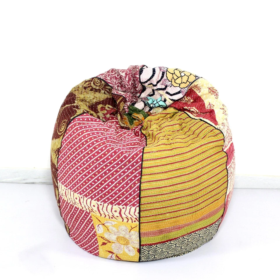 Puf redondo bohemio Kantha floral de algodón hecho a mano bolsa de frijoles gitanos sillón Foto 2 de 3