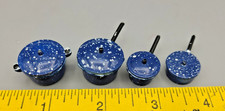 Dollhouse Miniature Speckled Blue Graniteware Camping Cook Pans Pots Lids 1:12