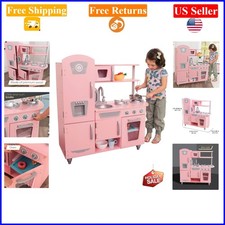 Pink Vintage Wooden Play Kitchen for Kids, Pretend Ice Maker Phone