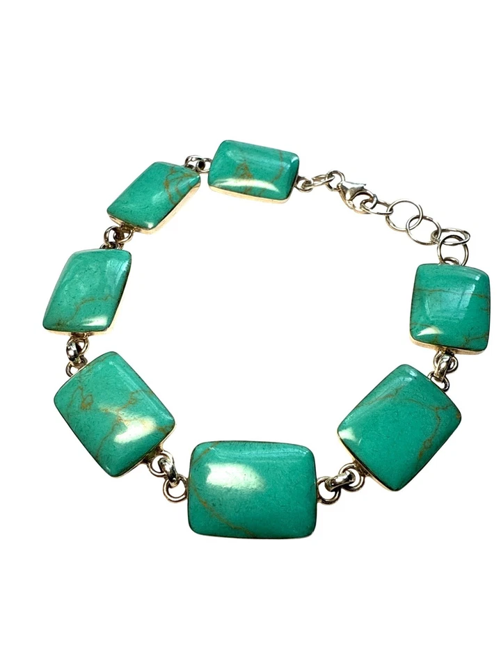 Pulsera de plata de ley 925 con eslabones turquesa rectangular de piedras preciosas ajustables Foto 2 de 4