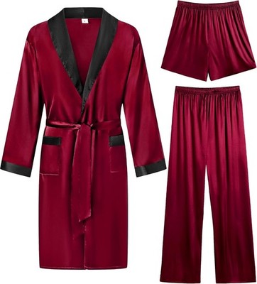 Men's 3-Piece Silk Satin Bathrobe Set Lightweight Kimono Sleepwear with Shorts