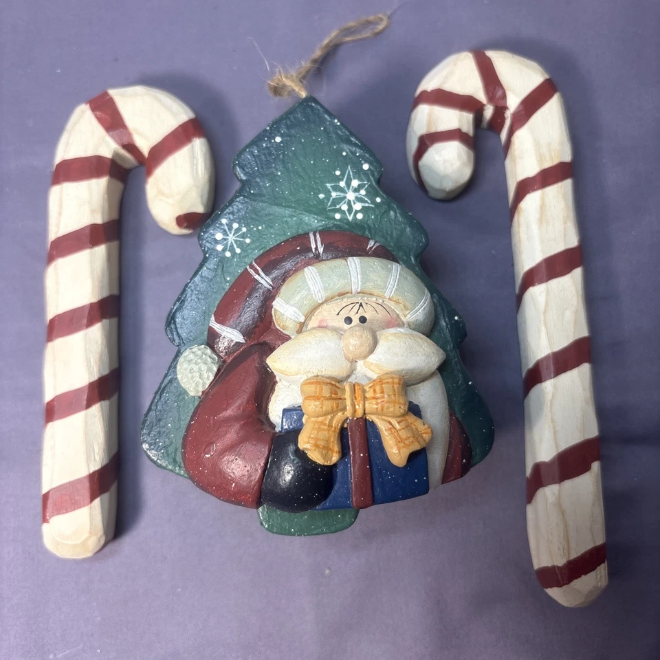 Christmas Santa Papier-Mâché Ornament Box Primitive With (2) Wood Candy Canes ￼ - Image 3 of 4