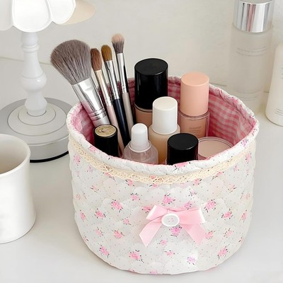 Cosmetic Storage Basket Lace Bow Small Storage Quilted Cotton Basket