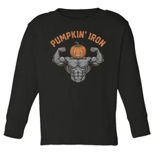 Funny Pumpkin’ Iron Graphic - Halloween Gym Design Toddler Long Sleeve TShirt