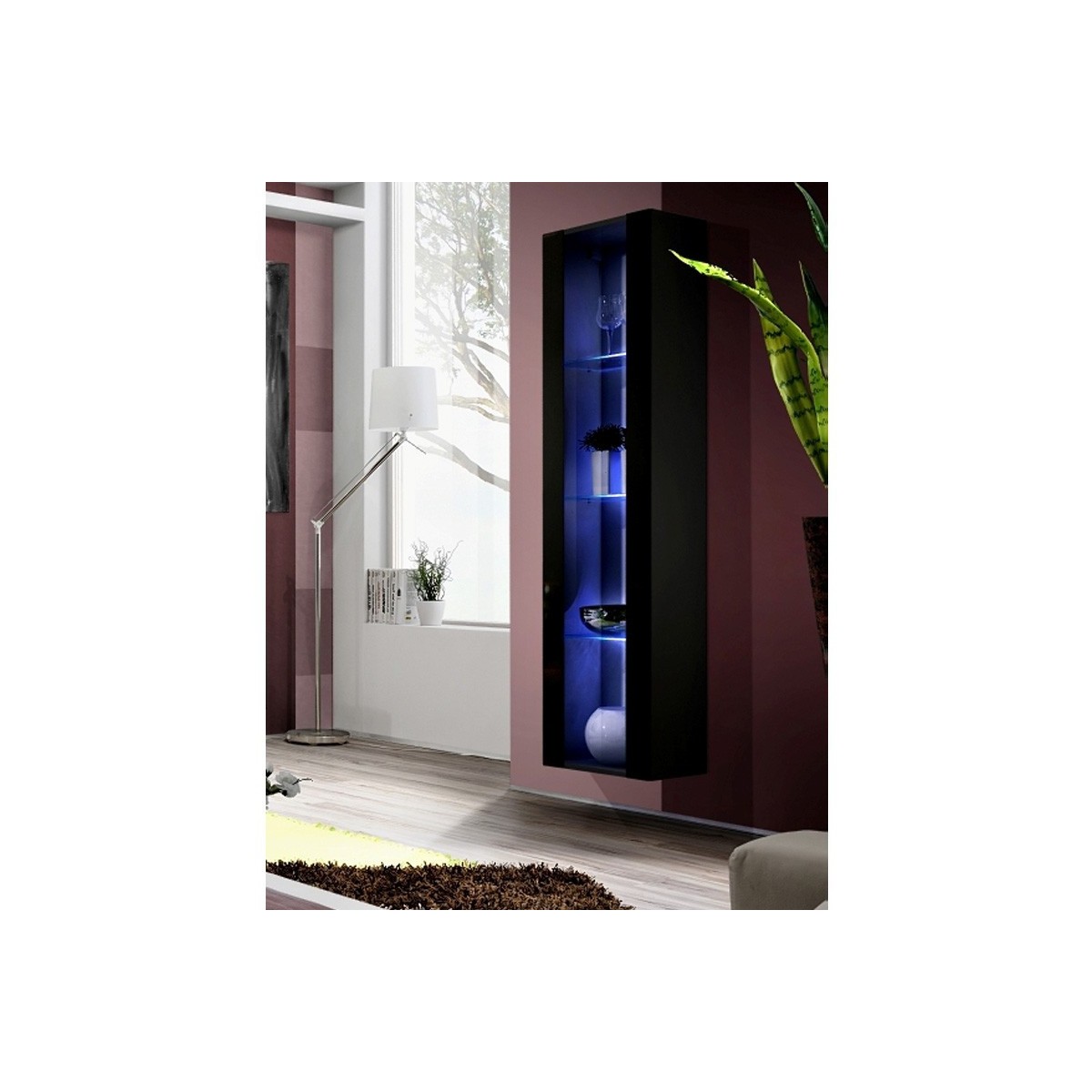 Vitrine lumineuse murale Fly C4 noire de 170cm avec étagères en verre