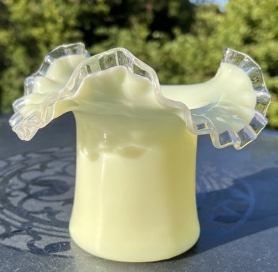 Vtg Fenton Custard Glass Silver Crest Hat Vase with Uranium Glow