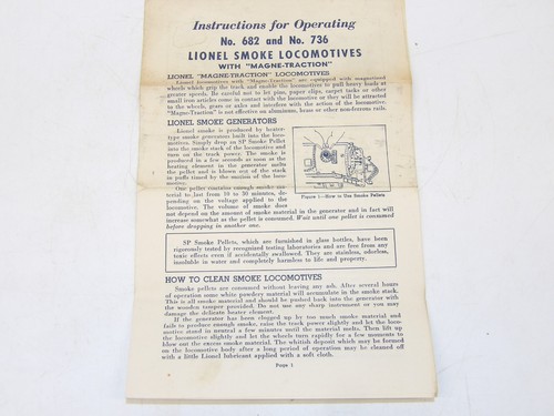 Vintage Lionel Instruction sheet for No 682 & 736 Smoke Locomotives 682-16 1955