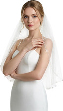 Beaded Pearl Bridal Veil with Comb - Fingertip/Elbow Length Tulle Veil