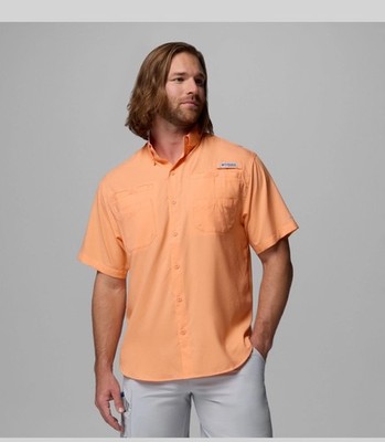 Columbia Men's Orange Fishing Shirt Button-Up Short Sleeve Chest Pockets