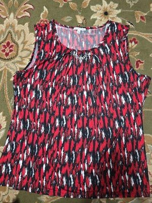 Ladies Sz 2XL Red Multi Colored Tank Top With Neck Chain Accent