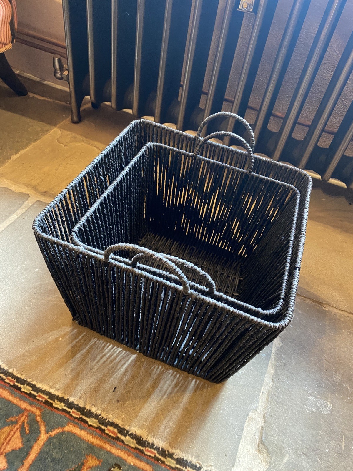 2 x Handwoven Paper Rope Storage Baskets Black large and medium