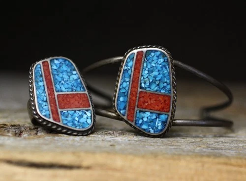 Vintage Native American Turquoise & Coral Sterling Silver Cuff Bracelet Ring Set