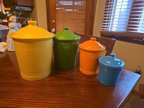 Set of 4 FIESTA CANISTERS CROCKS Lids Sunflower Shamrock Tangerine & Turquoise