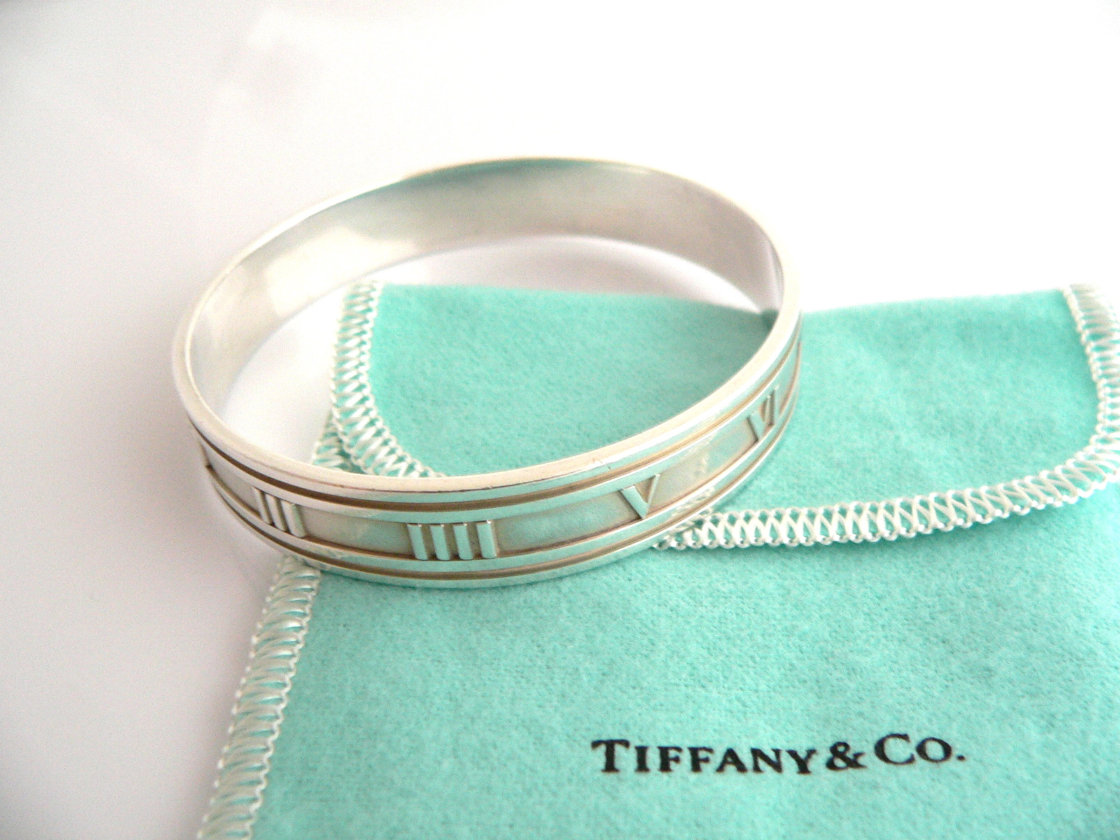 Tiffany & Co Atlas Roman Numeral Wide Silver Bangle Bracelet with Gift Pouch
