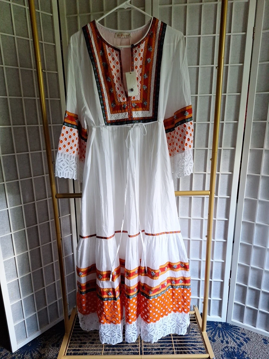 Abito contadino Annalise ricamato in pizzo Tory Burch taglia 14