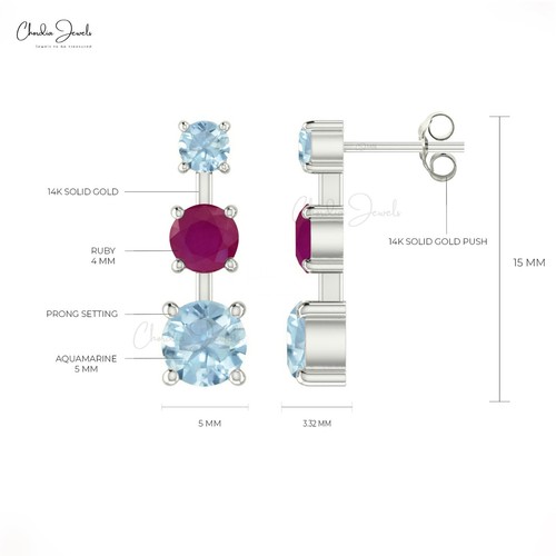 1.64 CTW Ruby & Aquamarine Three Stone Stud Earrings in 14K Solid Gold Jewelry - Picture 21 of 23