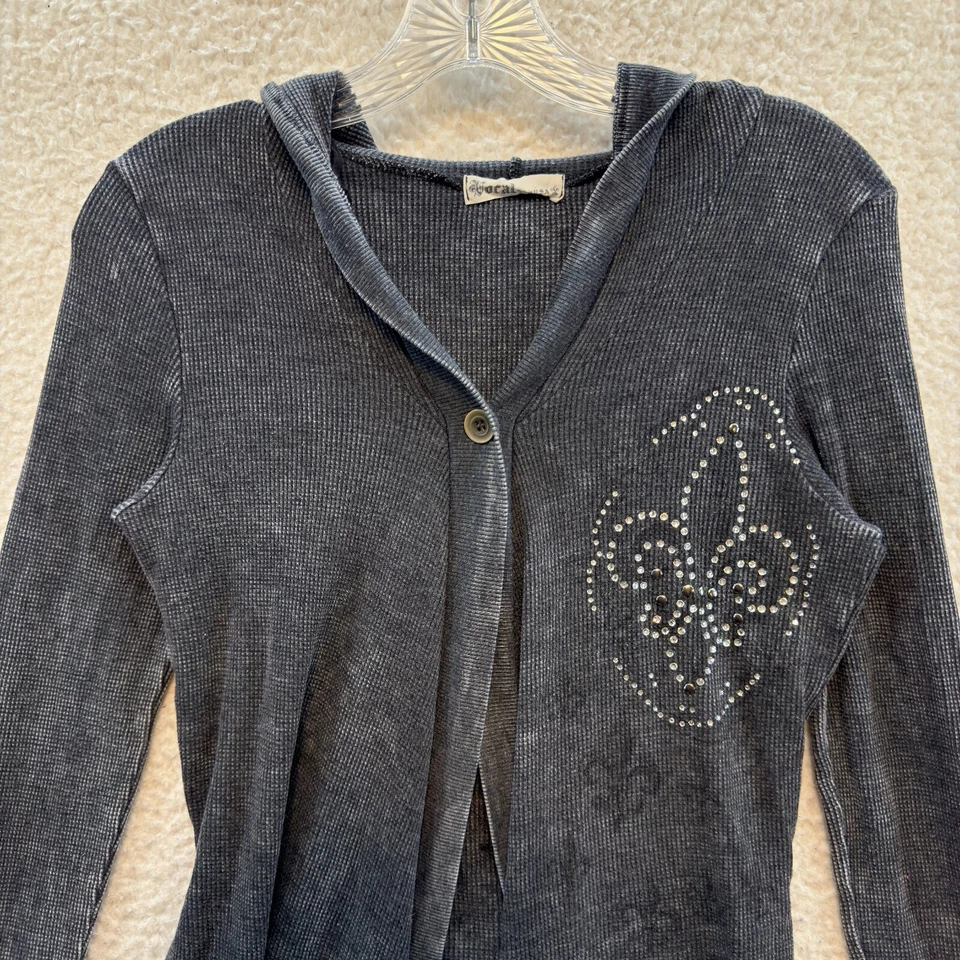 Cárdigan Suéter Y2K Vintage Pequeño Gris Capucha Estrás Bling Cyber Fairy Grunge Foto 3 de 4