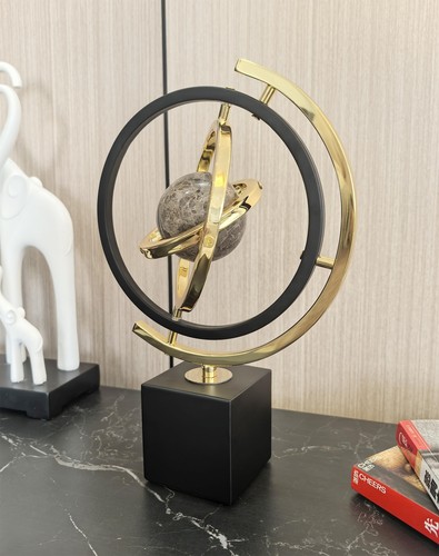 Modern Orbital Planet Sculpture, Gold and Black Metal Stand, Decorative Moon ... - Picture 3 of 6